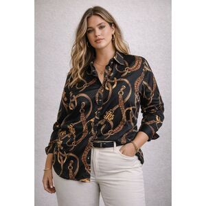 Lauren Ralph Lauren Black Horse Equestrian Button Up Shirt Top  Women's Size 2X